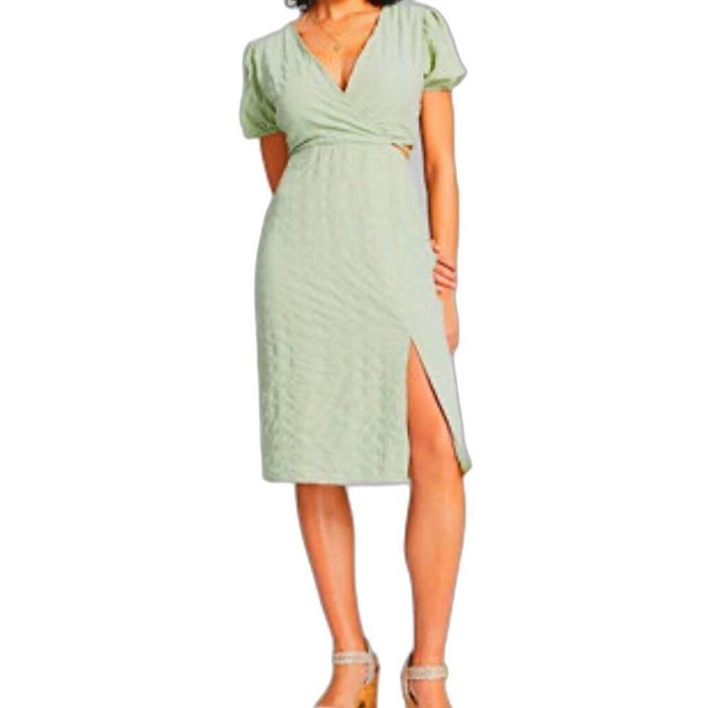 And Now This Green Puff Sleeve Cutout Midi Dress Size S Textured V-Neck Slit